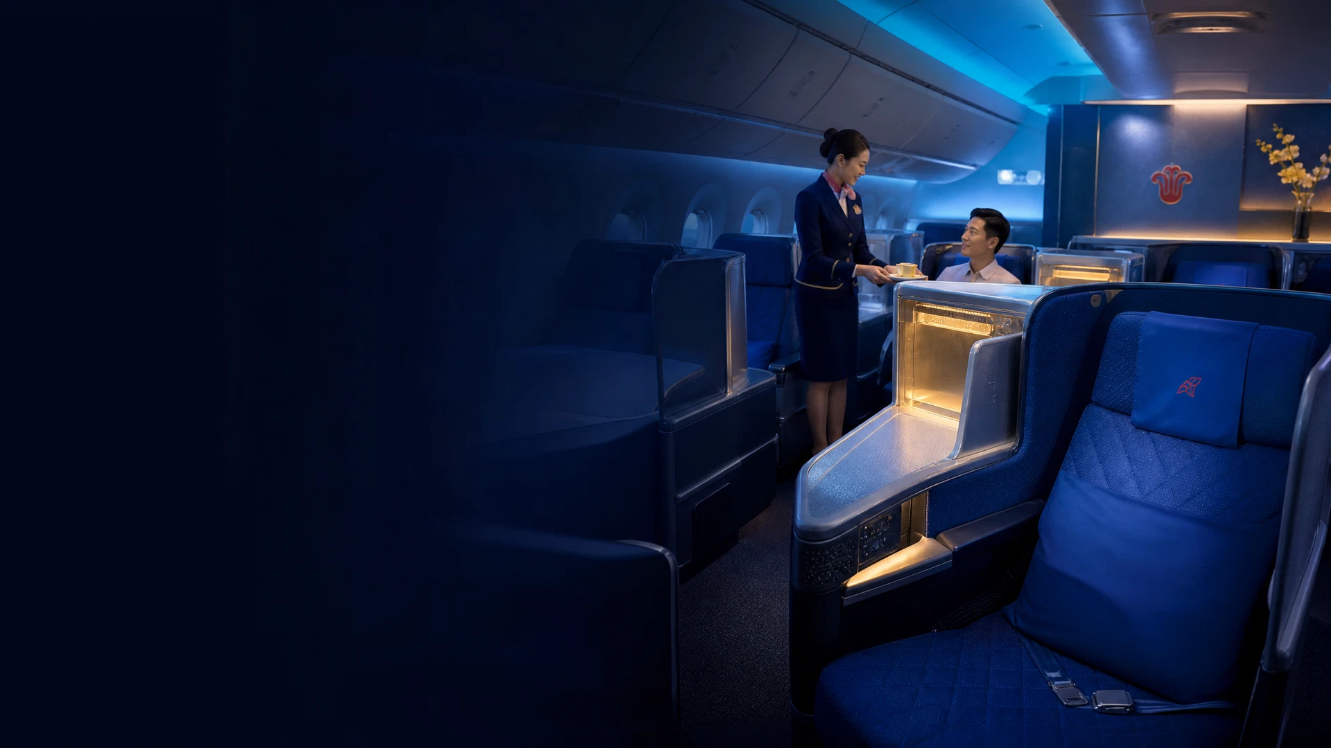 Banner China Southern: Tận hưởng không gian hạng thương gia.