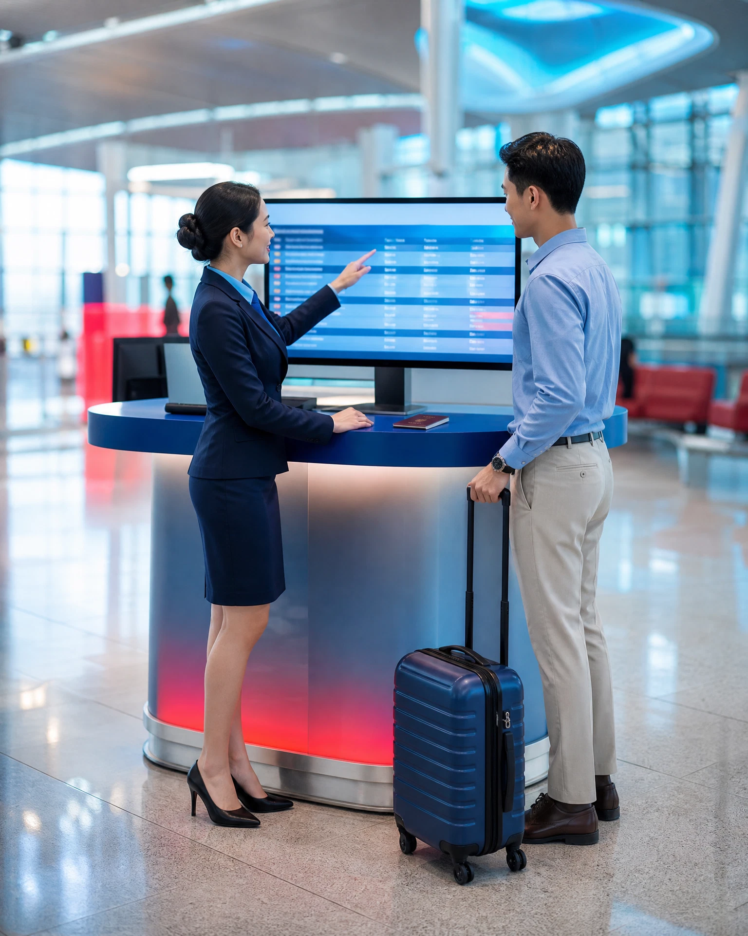 Chuyên viên tư vấn hành trình tại quầy vé sân bay