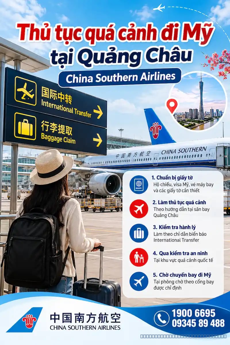 Thủ tục quá cảnh đi Mỹ tại Quảng Châu China Southern Airlines