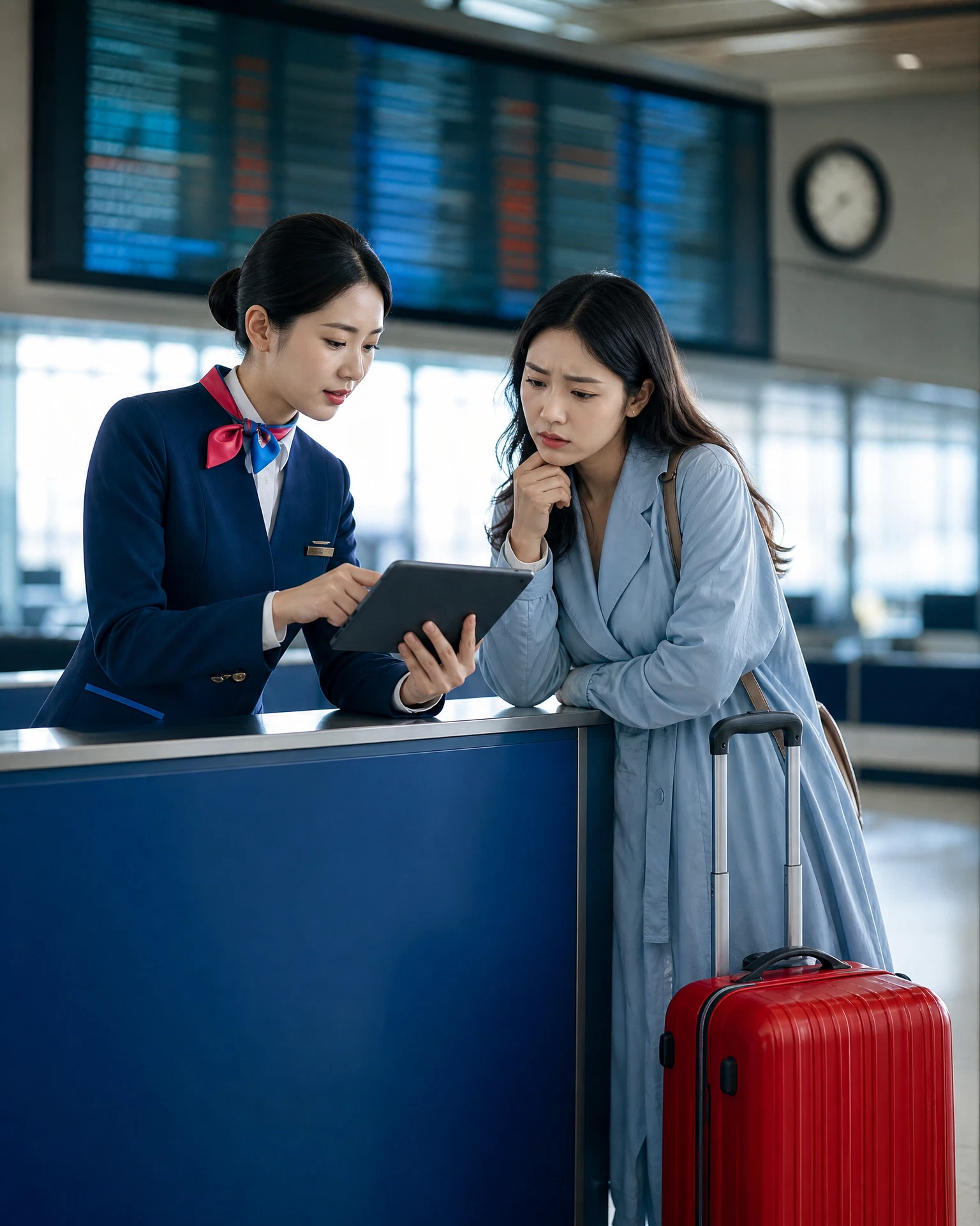 Chuyên viên kiểm tra booking cùng hành khách tại quầy dịch vụ