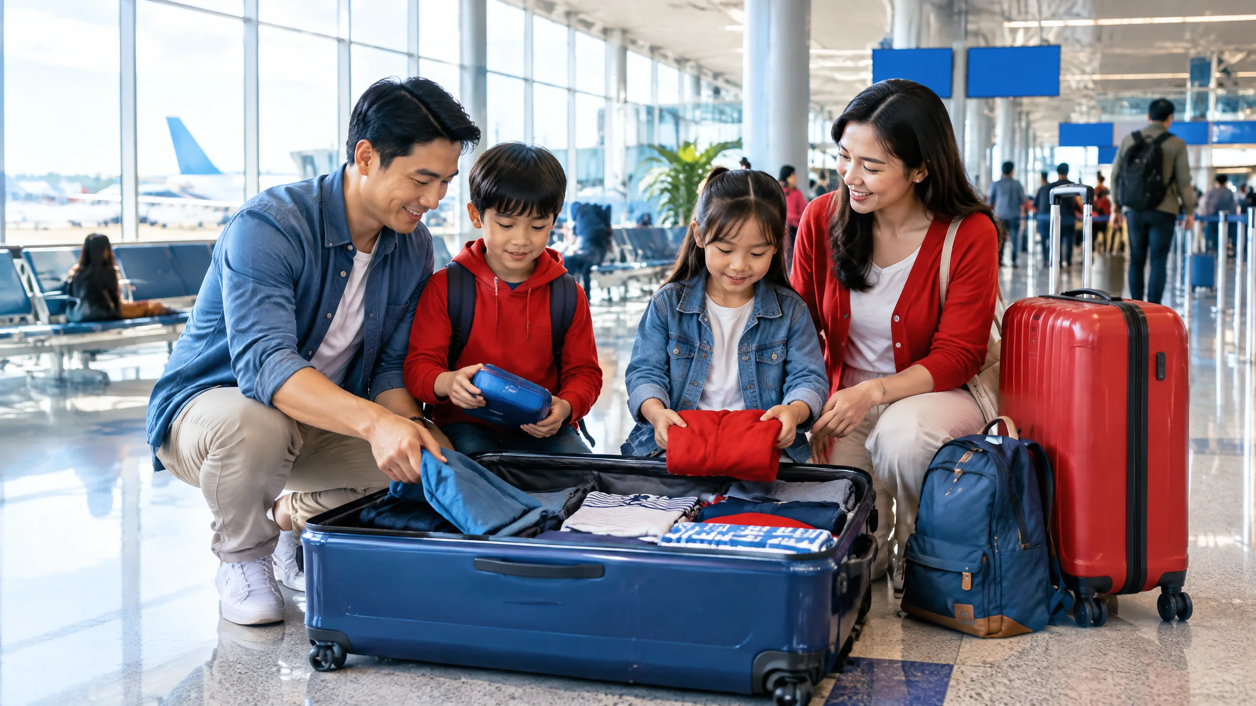 Gia đình kiểm tra hành lý và thông tin chuyến bay