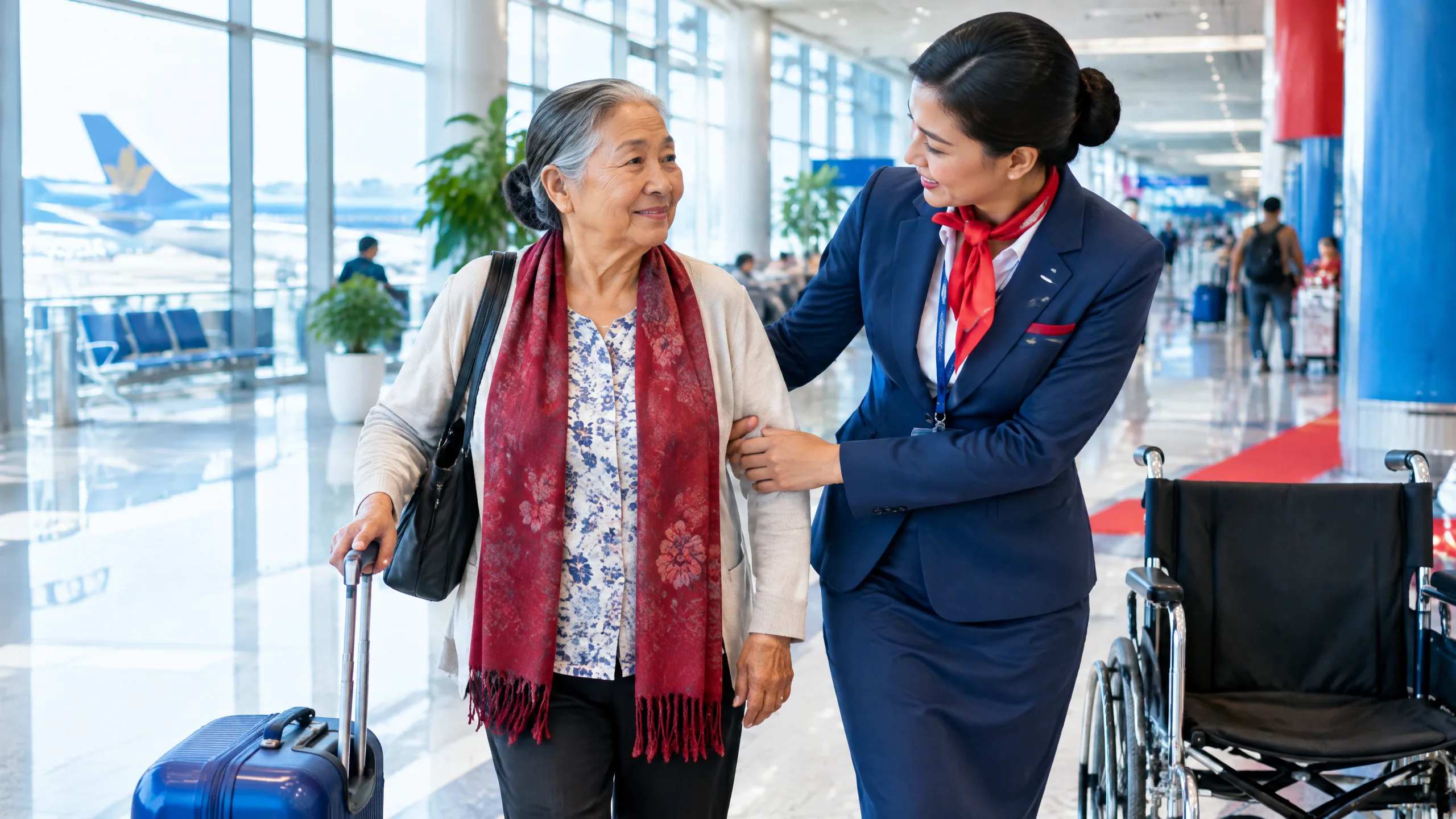 Nhân viên sân bay hỗ trợ hành khách cao tuổi