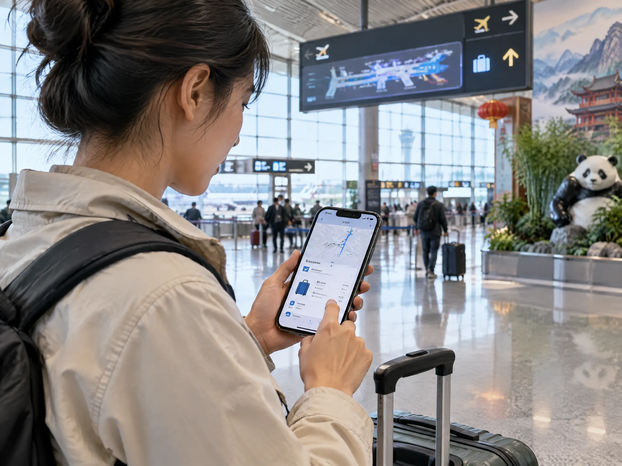 Khách kiểm tra thông tin sân bay và hành lý khi đến Thành Đô