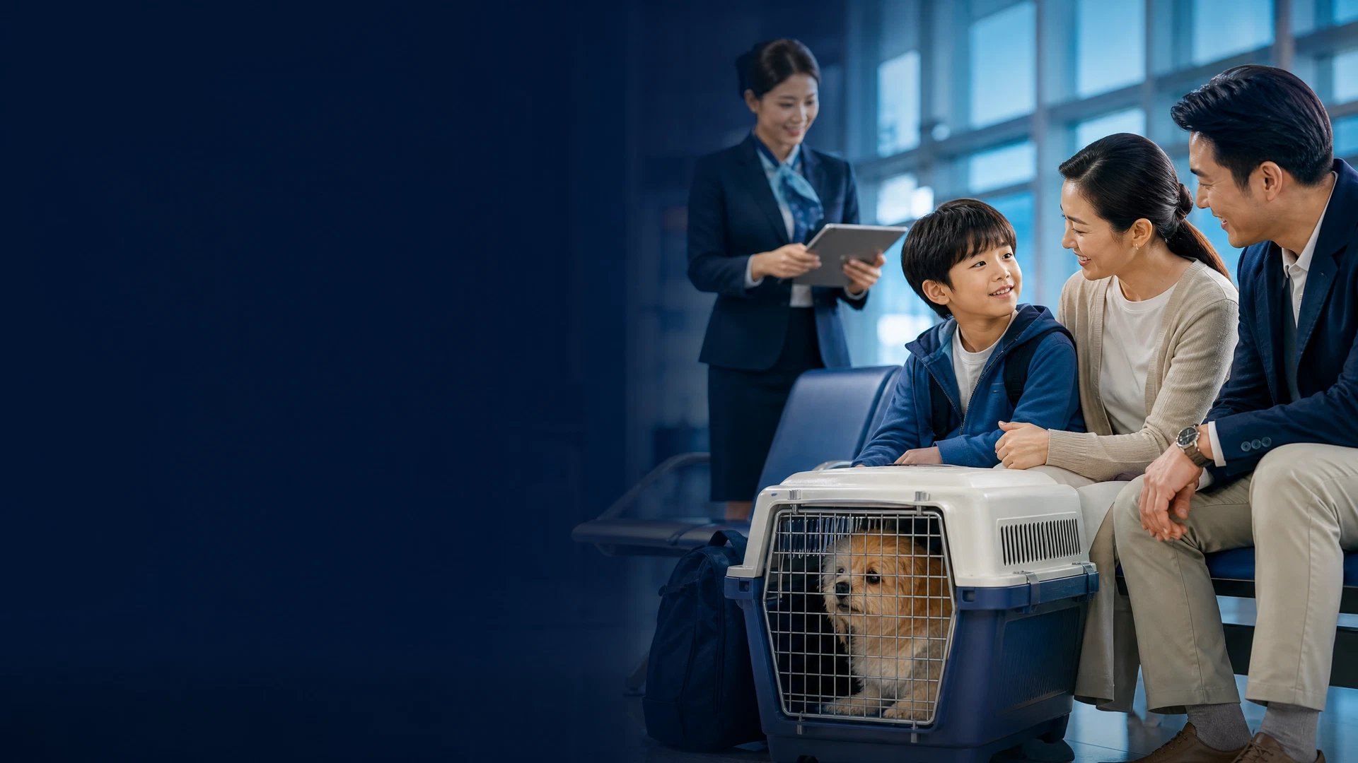 Gia đình chuẩn bị hành trình cùng thú cưng tại sân bay