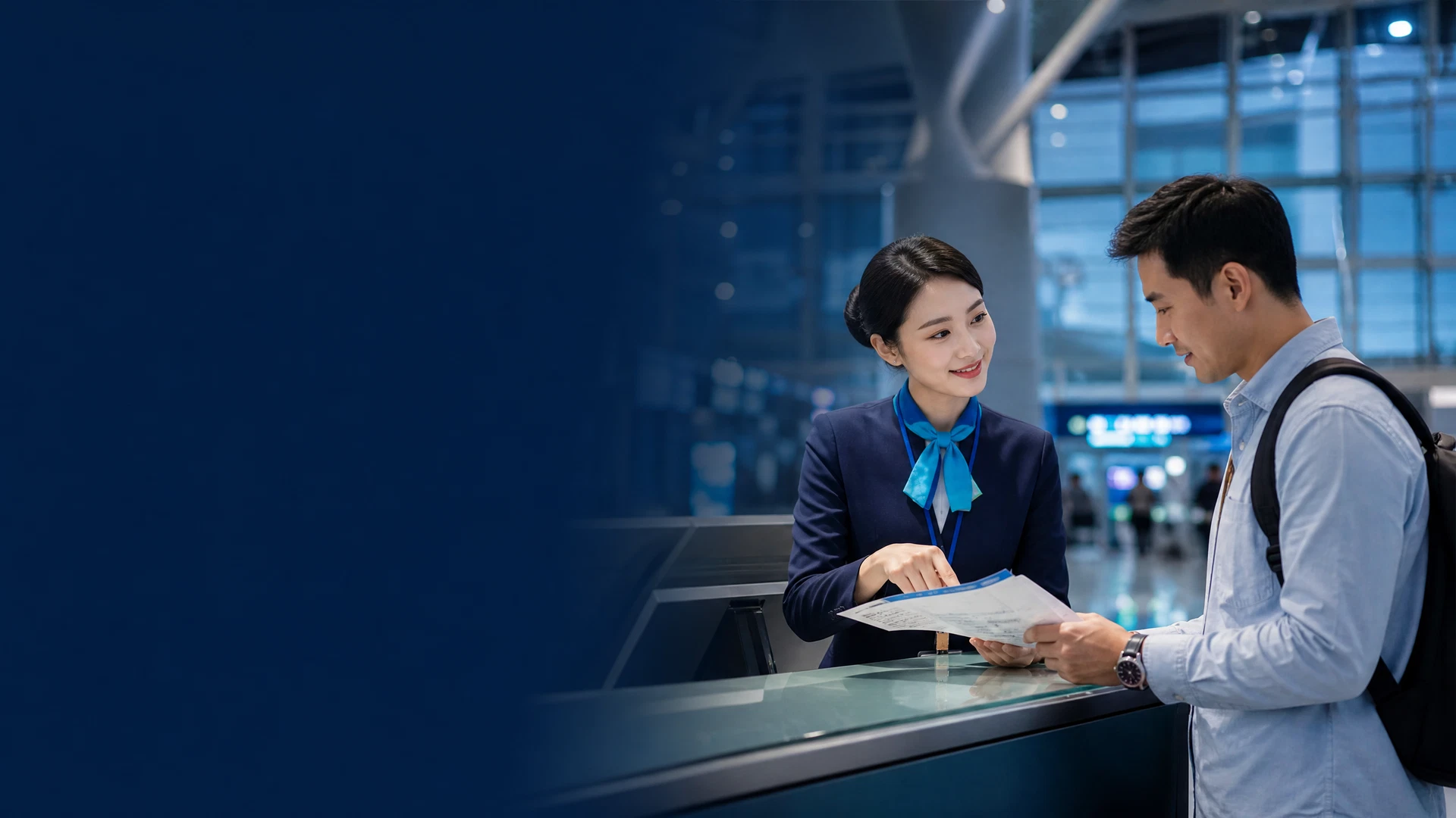 Chuyên viên sân bay tư vấn hành khách về hành trình và booking