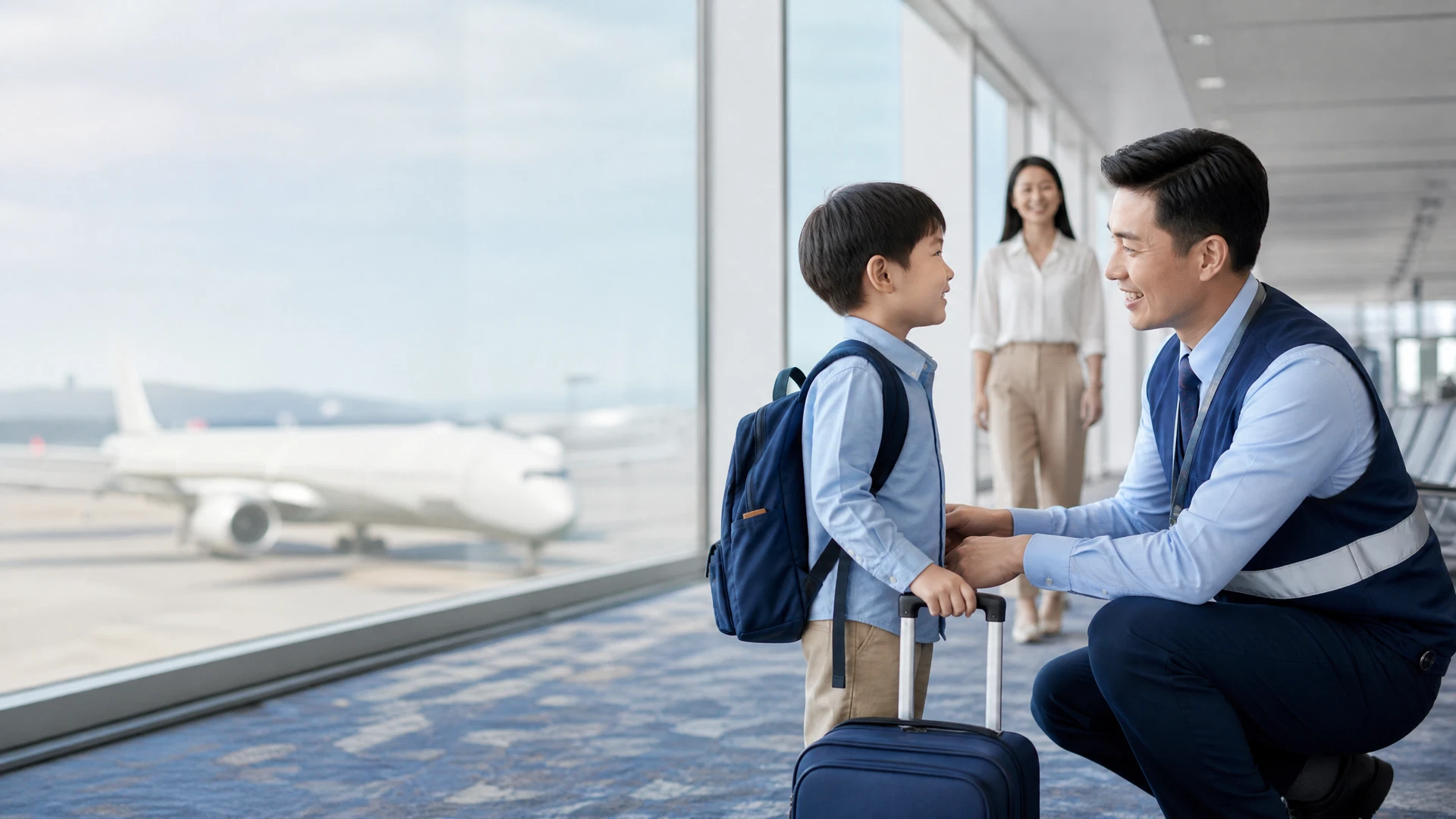 Nhân viên sân bay hỗ trợ trẻ em tại khu vực khởi hành