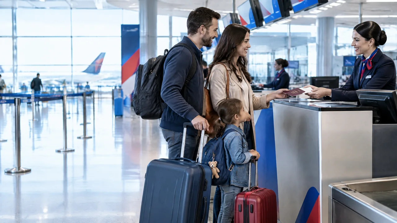 Gia đình chuẩn bị giấy tờ check-in China Southern cho trẻ nhỏ