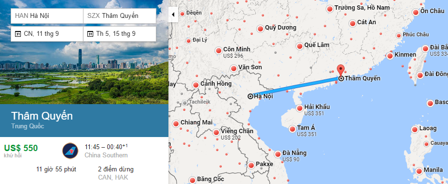 Bản đồ đường bay từ Hà Nội đi Thâm Quyến