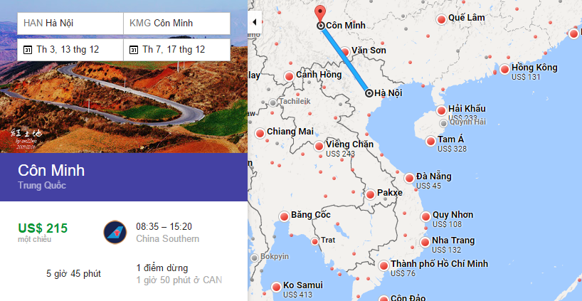 Bản đồ đường bay từ Hà Nội đi Côn Minh