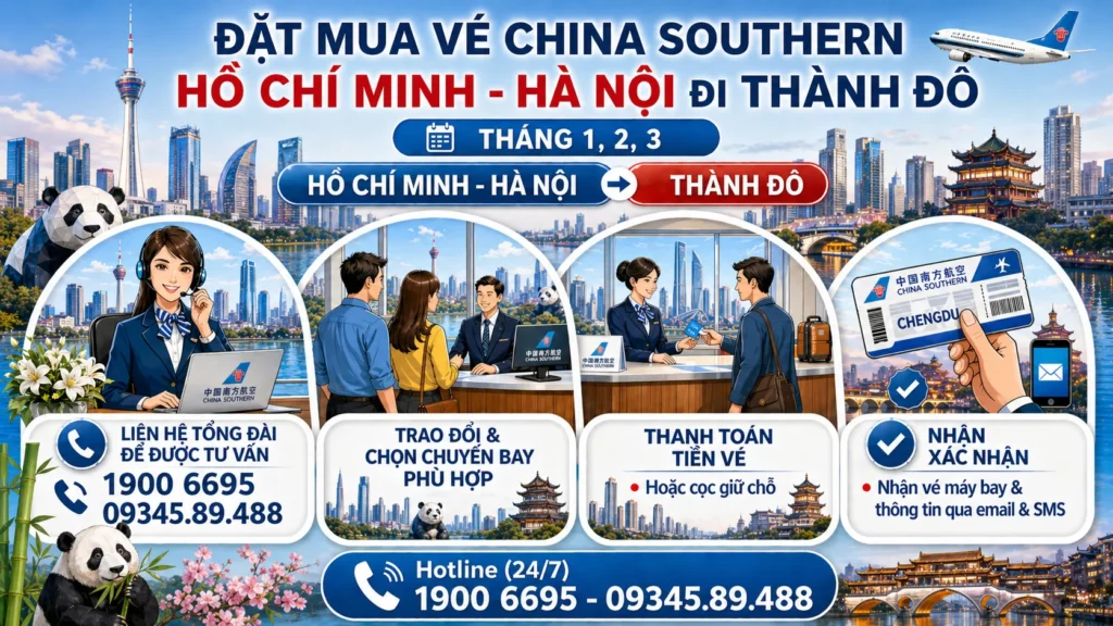 Giá vé máy bay China Southern Hà Nội - Hồ Chí Minh đi Thành Đô Trung Quốc 1, 2, 3